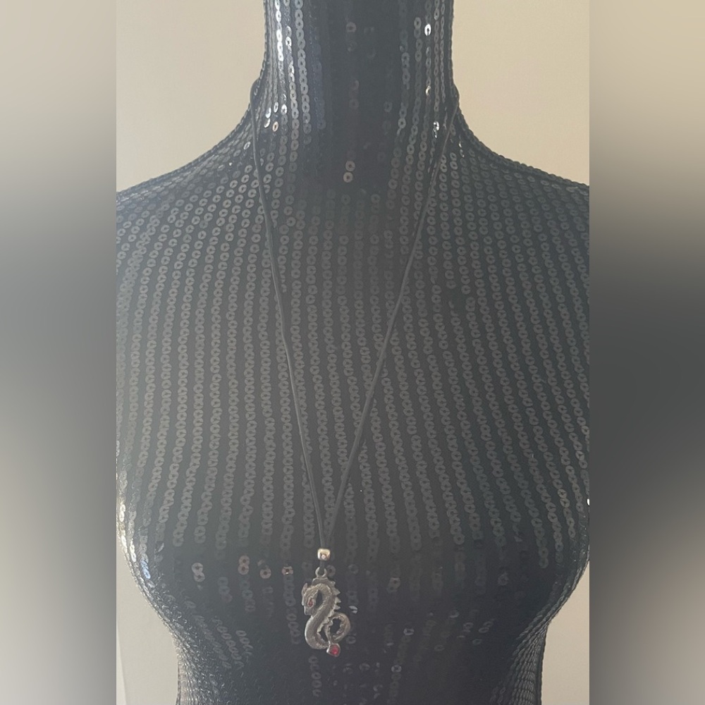 Vintage Pewter Dragon With Red Stone Rope Necklace